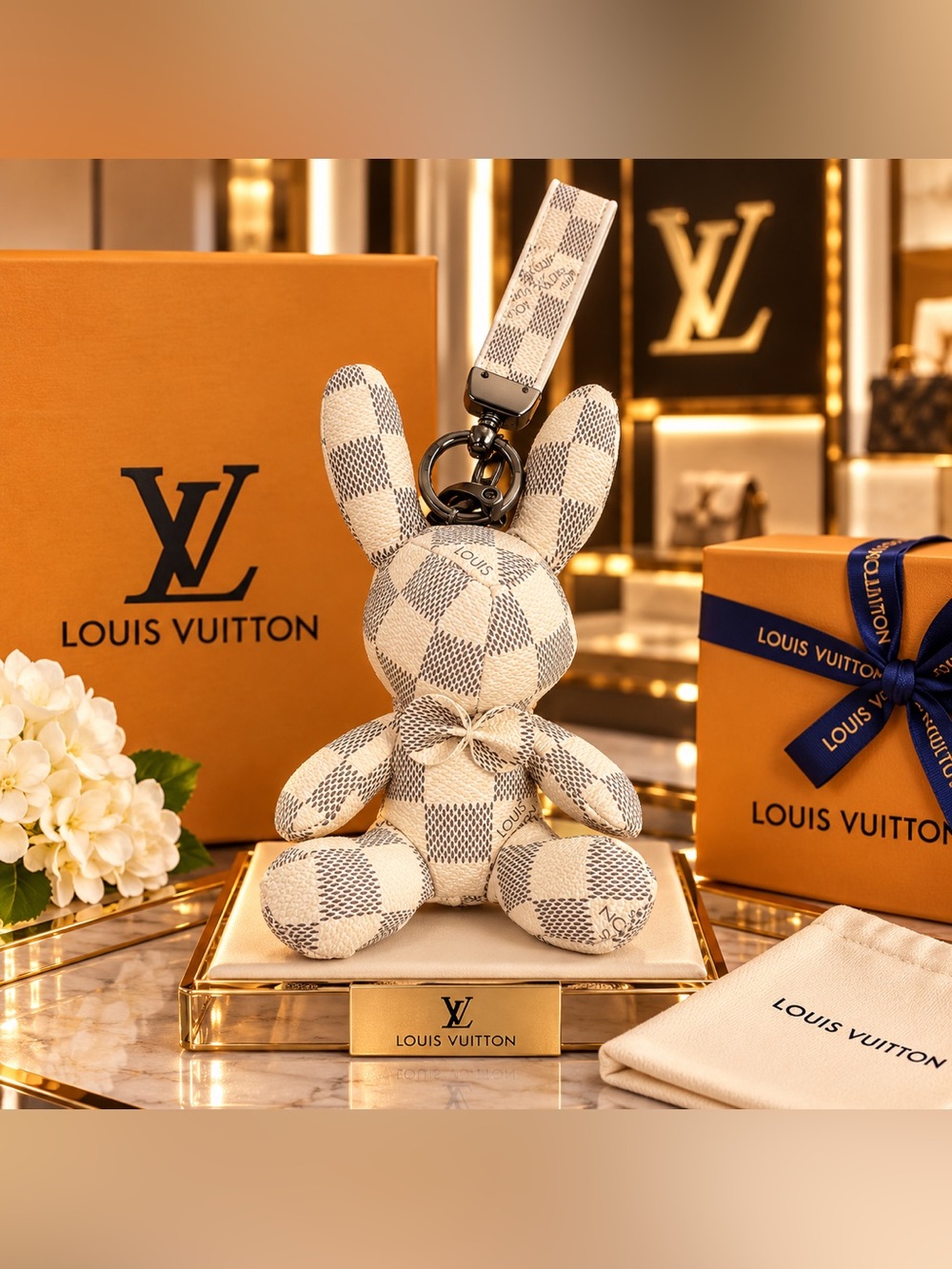 Cream and Light Gray Checkered Bunny Bag Charm